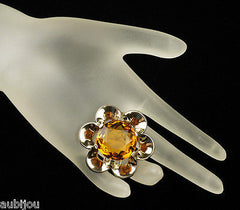 Vintage Trifari Floral Flower Topaz Faceted Glass Rhinestone Fur Clip Pin Set 1950's