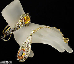 Vintage Whiting Davis Topaz Glass Rhinestone Pendant Necklace Hinged Bracelet Set