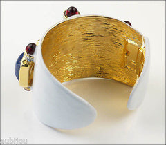 Kenneth Lane KJL Wide White Enamel Faux Jade Lapis Blue Cabochon Cuff Bracelet