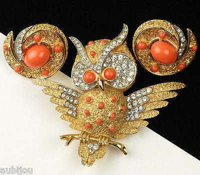 Vintage Crown Trifari Figural Faux Coral Rhinestone Owl Bird Brooch Pin Set Earrings