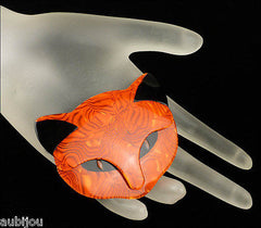 Lea Stein Bacchus The Cat Head Brooch Pin Orange Black Mannequin