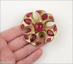 Vintage Trifari Jewels Of India Heraldic Ruby Red Rhinestone Cross Brooch Pin Set