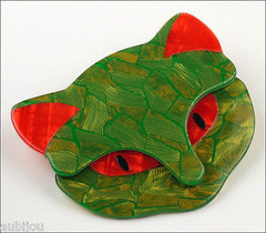 Lea Stein Bacchus The Cat Head Brooch Pin Green Red Side