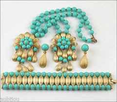 Vintage Trifari Faux Turquoise Blue Cabochon Parure Necklace Brooch Pin Bracelet