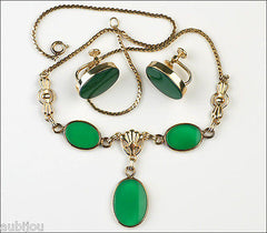 Vintage Van Dell Gold Filled Faux Chrysoprase Green Glass Cabochon Necklace Set 1960's