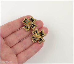 Vintage Signed Art Heraldic Black Velvet Rhinestone Maltese Cross Brooch Pin Set 1960's