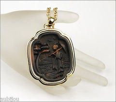 Vintage Trifari Asian Oriental Faux Tortoise Shell Lucite Geisha Pendant Necklace