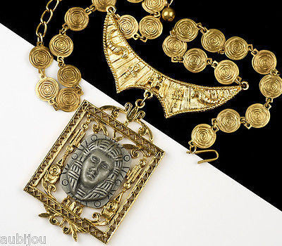 Vintage Signed Art Egyptian Revival King Tut Pharaoh Pendant Necklace Medallion 1970's