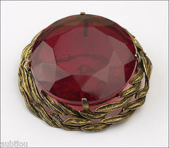 Vintage Large Signed Capri Openback Siam Red Glass Rhinestone Brooch Pin Pendant 1950's