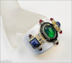 Kenneth Lane KJL Wide White Enamel Faux Jade Lapis Blue Cabochon Cuff Bracelet