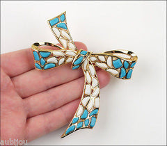 Vintage Trifari Modern Mosaic White Blue Molded Glass Bow Ribbon Brooch Pin Set 1960's