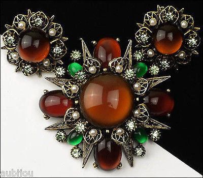 Vintage Signed Art Modeart Amber Rootbeer Glass Cabochon Rhinestone Brooch Pin Set