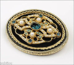 Vintage Signed Art Ornate Victorian Black Velvet Montana Blue Rhinestone Brooch Pin