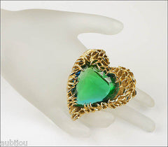 Vintage Signed Art Openback Green Art Glass Rhinestone Heart Leaf Brooch Pin 1960's