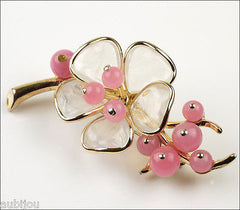 Vintage Trifari Pink Poured Glass Floral Flower Translucent Brooch Pin Set Earrings