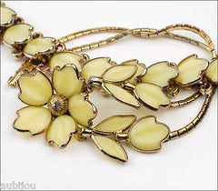 Vintage Trifari Yellow Poured Glass Floral Parure Necklace Bracelet Set Earrings 1950's