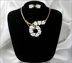 Vintage Trifari White Molded Glass Floral Forget Me Not Necklace Earrings Set 1950's