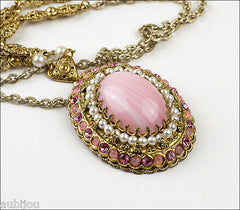 Vintage West Germany Ornate Rose Pink Givre Art Glass Cabochon Pendant Necklace Set