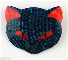 Lea Stein Bacchus The Cat Head Brooch Pin Dark Blue Red Front