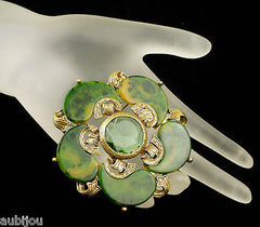 Vintage Signed Art Spinach Green Marbled Bakelite Peridot Rhinestone Brooch Pin Set