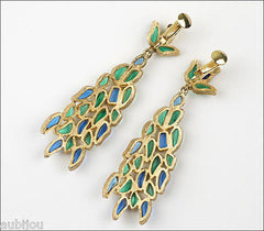 Vintage Marvella Molded Glass Mosaic Blue Green Long Drop Chandelier Earrings 1960's