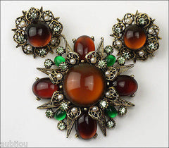 Vintage Signed Art Modeart Amber Rootbeer Glass Cabochon Rhinestone Brooch Pin Set