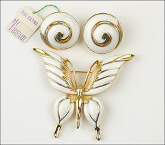 Vintage Trifari Figural White Enamel Butterfly Insect Brooch Pin Set Earrings 1960's