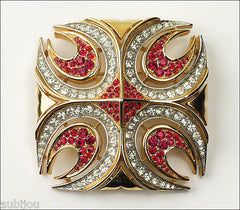 Vintage Crown Trifari Heraldic Ruby Red Rhinestone Cross Crest Brooch Pin 1960's