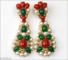 Vintage Trifari Kashmir Faux Carnelian Jade Cabochon Long Drop Dangle Earrings 1960's