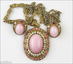 Vintage West Germany Ornate Rose Pink Givre Art Glass Cabochon Pendant Necklace Set