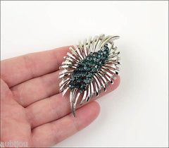Vintage Trifari Floral Leaf Montana Blue Rhinestone Brooch Pin Set Earrings 1960's