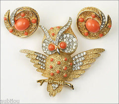 Vintage Crown Trifari Figural Faux Coral Rhinestone Owl Bird Brooch Pin Set Earrings