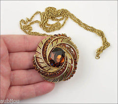 Vintage Trifari Smoked Topaz Rhinestone Floral Fern Set Pendant Bracelet Parure 1960's