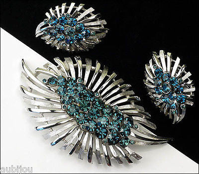 Vintage Trifari Floral Leaf Montana Blue Rhinestone Brooch Pin Set Earrings 1960's