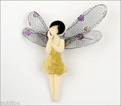 Lea Stein Fairy Demoiselle Volage Brooch Pin Yellow Black Grey
