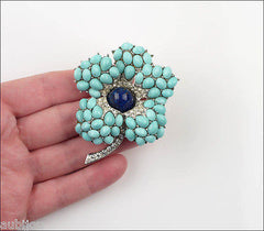 Vintage Boucher 3D Faux Turquoise Lapis Blue Glass Cabochon Flower Brooch Pin Set