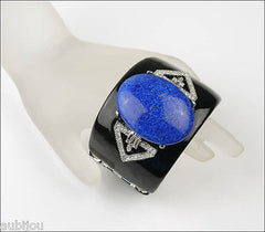 Kenneth Lane KJL Art Deco Black Enamel Faux Lapis Blue Cabochon Cuff Bracelet