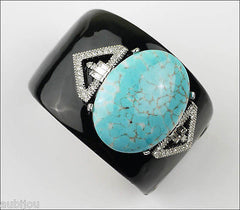 Kenneth Lane KJL Art Deco Black Enamel Faux Turquoise Cabochon Cuff Bracelet