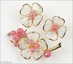 Vintage Trifari Pink Poured Glass Floral Flower Translucent Brooch Pin Set Earrings