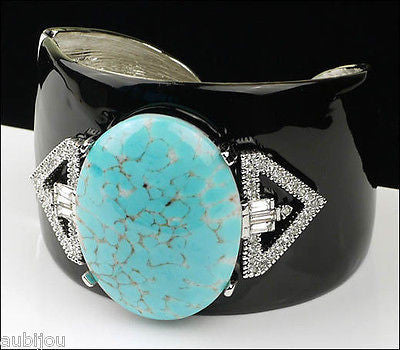 Kenneth Lane KJL Art Deco Black Enamel Faux Turquoise Cabochon Cuff Bracelet