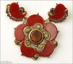 Vintage Signed Art Orange Rust Bakelite Smoked Topaz Rhinestone Brooch Pin Set 1960's