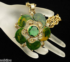 Signed Art Spinach Green Marbled Bakelite Emerald Green Rhinestone Pendant Set