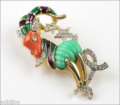 Vintage Denicola Zodiac Capricorn Enamel Rhinestone Lucite Brooch Pin Pendant Goat