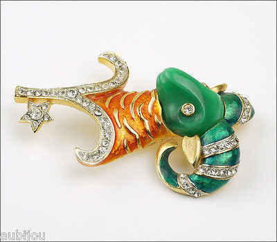 Vintage Denicola Zodiac Aries Ram Enamel Rhinestone Lucite Brooch Pin Astrology Sign