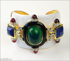 Kenneth Lane KJL Wide White Enamel Faux Jade Lapis Blue Cabochon Cuff Bracelet