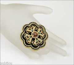 Vintage Signed Art Black Velvet Smoked Topaz Rhinestone Flower Brooch Pin Set 1960's