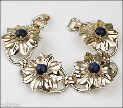 Vintage Kreisler Sterling Silver Floral Blue Frosted Glass Bracelet Brooch Pin Set