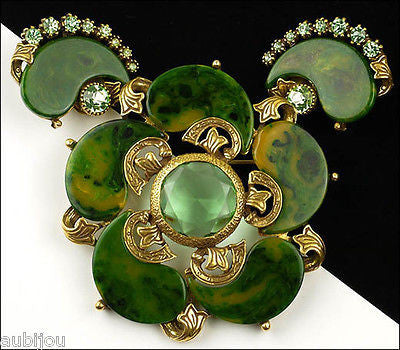 Vintage Signed Art Spinach Green Marbled Bakelite Peridot Rhinestone Brooch Pin Set