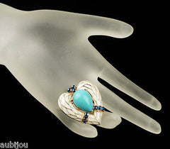 Vintage Trifari L'Orient Blue Cabochon White Enamel Heart Brooch Pin Snake Skin 1960's
