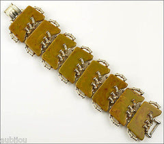 Vintage Signed Art Wide Mustard Green Marbled Bakelite Oriental Bamboo Bracelet 1960's